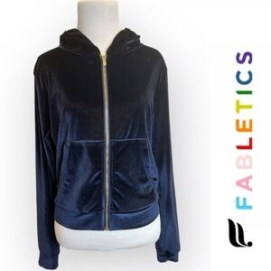 Fabletics Daria Navy Velour, Gold Zip Up, Hooded Jacket Women's XS